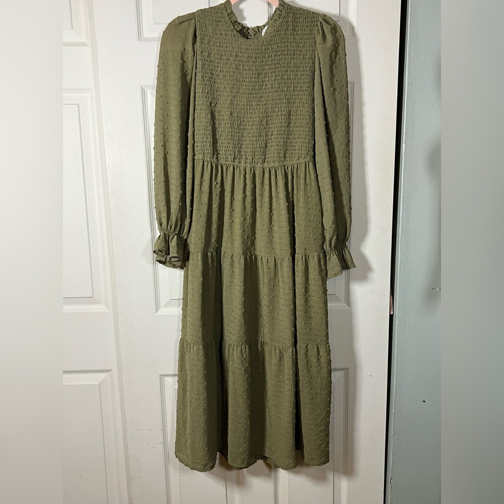 By the River @Anthropologie Swiss Dot Smocked Tiered Long Sleeve Midi Maxi Dress